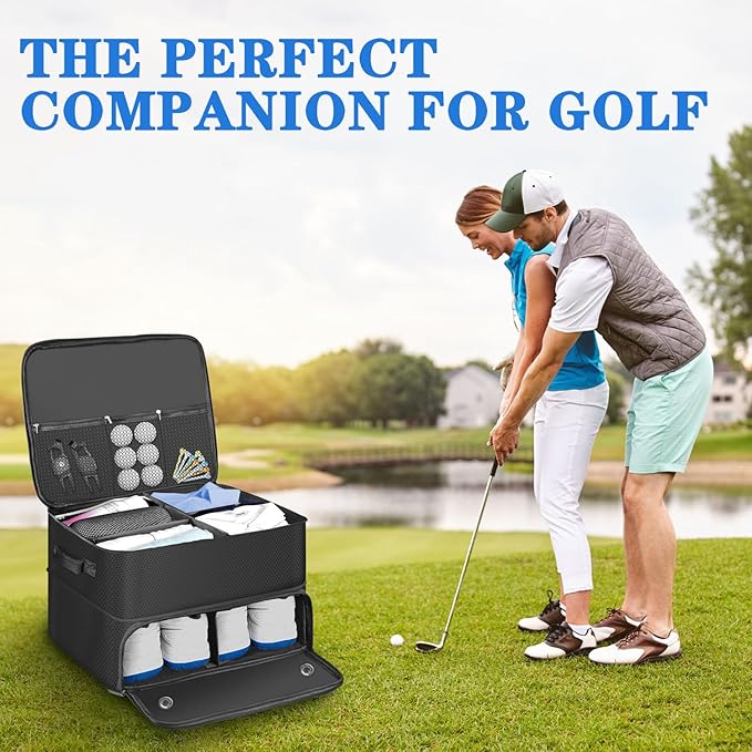 Golf Trunk Organizer for Car, Foldable Golf Storage Box with Ventilated Shoe Compartment, Holds 2 Pair Shoes, Balls, Cap, Gloves, Clothes 17.7x13.3x9.4 inch Car Organizer for Golf Gear (Black)