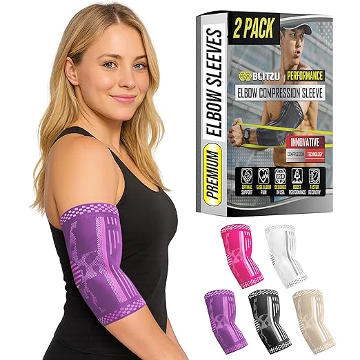 BLITZU Elbow Compression Sleeve for Tendonitis 2 Pack, Tennis Elbow Brace Support for Men and Women Golfers Elbow Pain Relief, Arthritis, Bursitis, Arm Brace for Workout, Weightlifting Purple XL