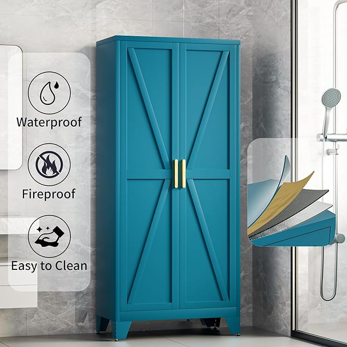 61H Metal Storage Cabinet with 2 Doors and Adjustable Shelves,Farmhouse Storage Cabinet with Barn Doors,Pantry Storage for Home,Office,Bathroom,Dining Room,Kitchen(Blue)