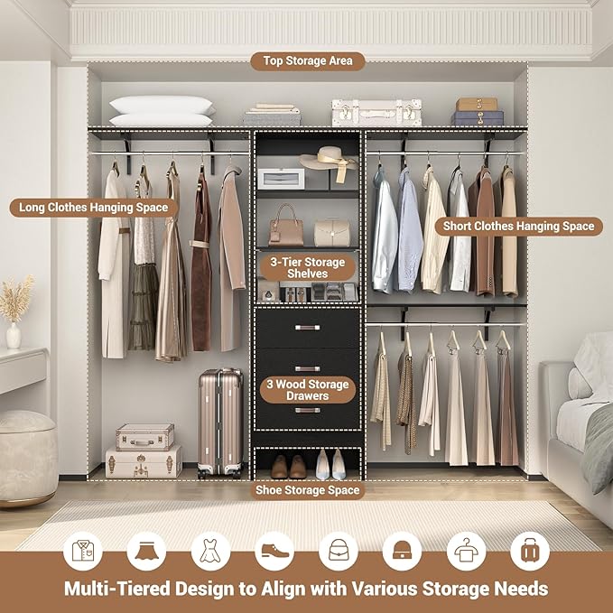 Closet System with Drawer - 8FT Wood Closet Organizer System with 3 Hanging Rods and Shelving Tower, 96" Walk In Closet Organizer Wardrobe, Heavy Duty Garment Rack Clothes Rack, Black