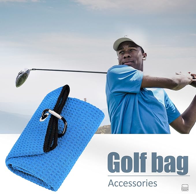 Mile High Life Tri-fold Golf Towel | 16" X 24" | Premium Microfiber Fabric | Waffle Pattern | with Heavy Duty Carabiner Clip | for Men and Women (2 Pack Blue)