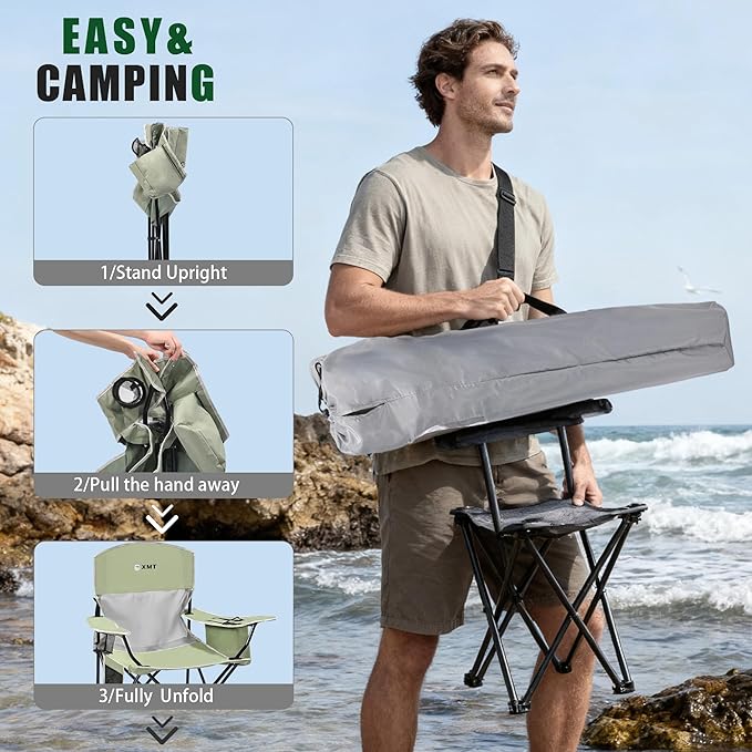 Portable Outdoor Folding Chair with Cup Holder & Cooler Bag - Breathable Mesh, Wide Armrests, Ergonomic Design for Camping, Beach, Backyard - Includes Storage Bag & Bottle Opener (Black/Green/Red)