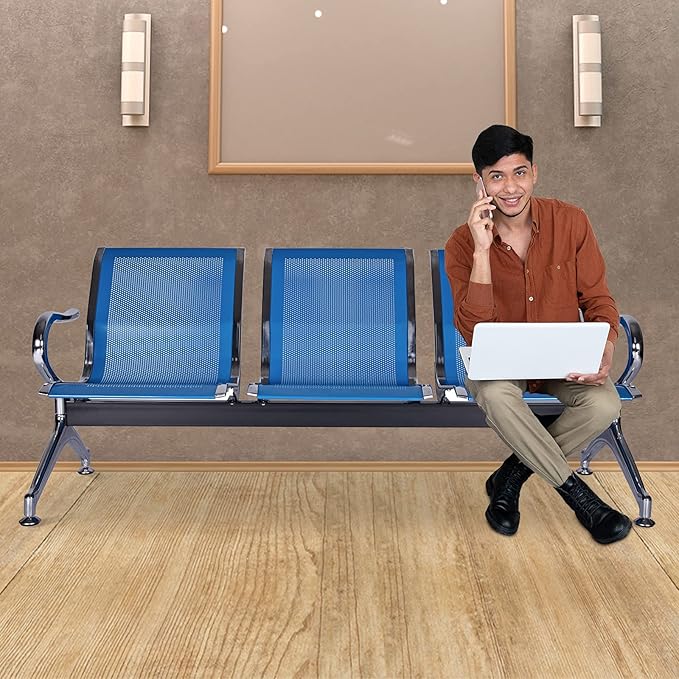 3-Seat Waiting Room Chairs - Waiting Room Bench with Arms Airport Reception Bench Guest Reception Chairs Lobby Bench Waiting Area for Airport Market Bank Hospital School Barbersho, Blue
