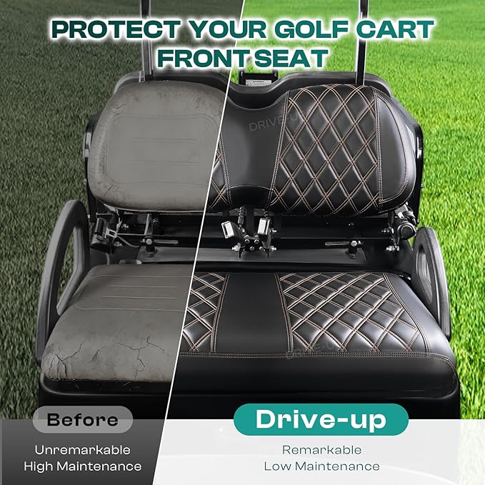 Drive-up Golf Cart Seat Covers, Black Diamond PVC Club Car Precedent Seat Covers, Brown Stitching Golf Seat and Backrest Covers for Club Car Front Seat, Wipe Clean, W aterproof