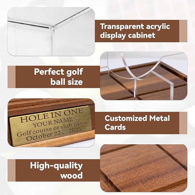 Golf Ball Display case - Custom Hole in one Golf Ball Box with Personalization Engraved Gold Plate - Dust Protection for Golf Ball Memorabilia