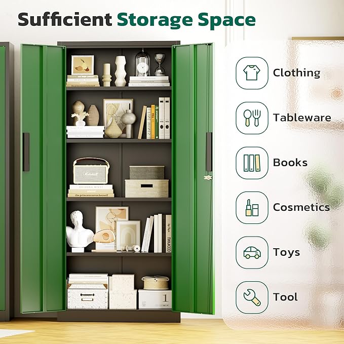 Greenvelly 63" H Metal Storage Cabinet Black Green, Locking Metal Cabinet, Store Tools, Clothes, Tableware and Toiletries, Garage Cabinets with Adjustable Shelves for Office, Home, Garage, Pantry