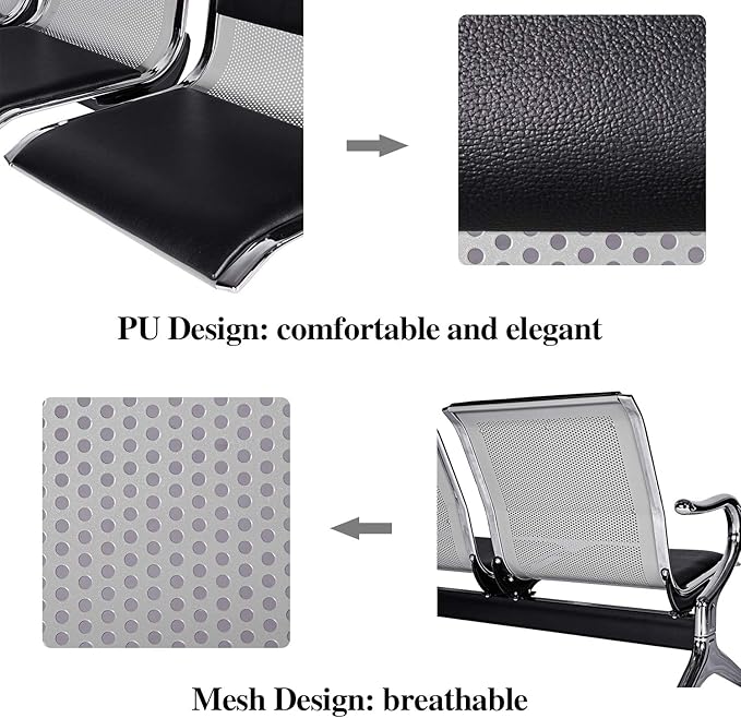 Kinfant Waiting Room Chair Bench - Guest Reception Chairs for Airport Hospital Bank Salon Barber Hall Room Conference (2-seat, Black-Mesh+PU)