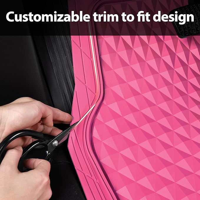 CAR PASS Heavy Duty Rubber Hot Pink Car Floor Mats & Cargo Liners, Deep Dish All-Weather Trunk Mats Durable Anti-Slip 3D Rhombus Waterproof Trim to Fit Liner Universal Fit Auto,Sedan,SUV,Truck, Pink