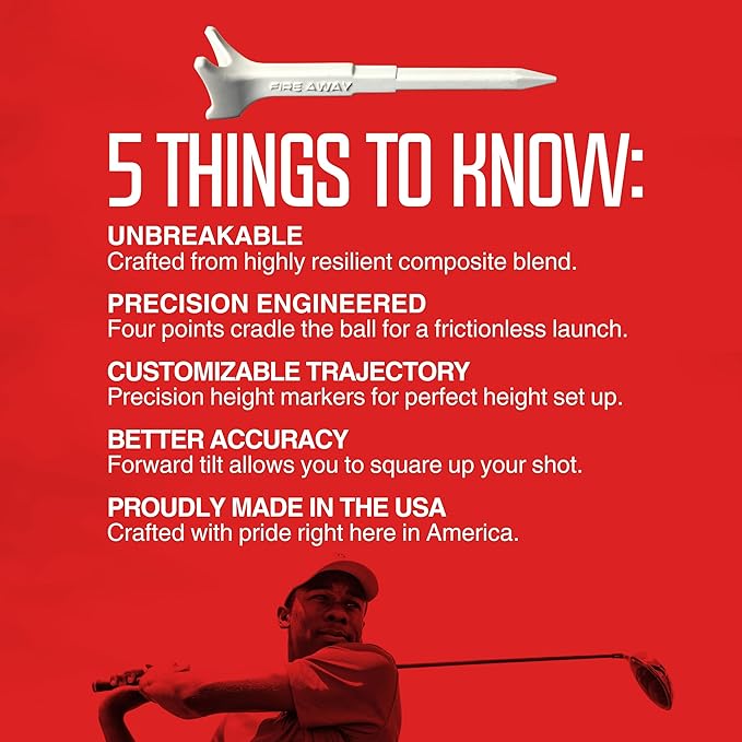 FIRE AWAY Premium Golf Tees, Reduced Ball Spin, Less Friction & Precision Height Markers for Perfect Trajectory, Made of Special Unbreakable Plastic Nylon Blend