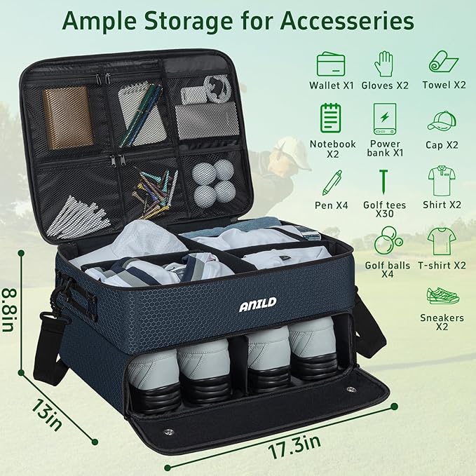 ANILD Golf Trunk Organizer, 2 Layer Golf Storage Case with Separate Ventilated Compartment for 2 Pair Shoes, for Balls, Tees, Clothes, Gloves, Accessories, Golfer Gifts
