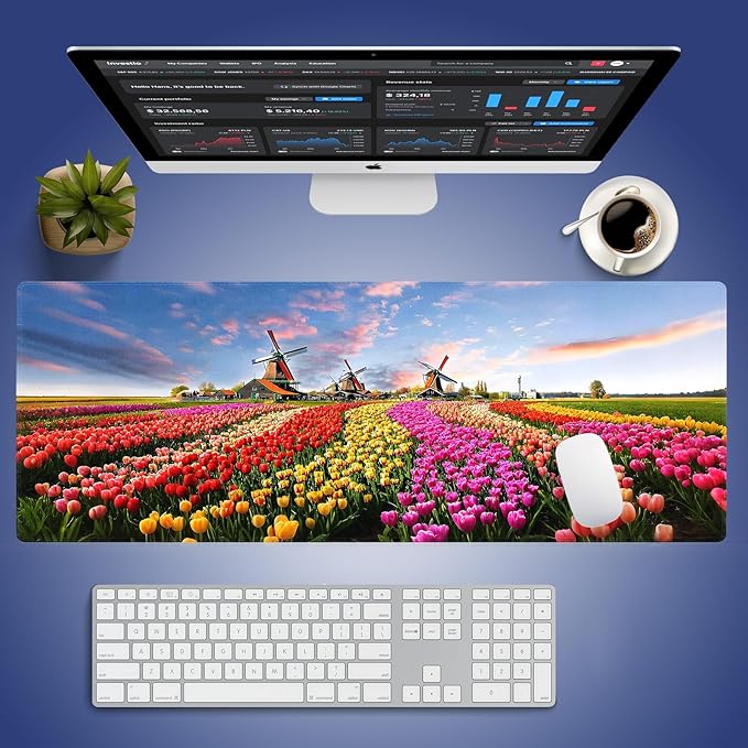 Wknoon. Extra Large Gaming & Office Mouse Pad (31.5" x 11.8") with Durable Stitched Edges – Vibrant Tulip Fields Flowers in Full Bloom and Traditional Windmills at Sunset, Extended XXL Desk Mat