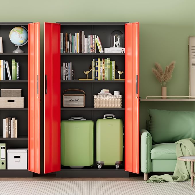 INTERGREAT Metal Storage Cabinet with Lock, 63" H Metal Cabinets Storage with 2 Doors and 4 Adjustable Shelves, Locking Garage Cabinet for Home Office, Kitchen, Bathroom (Black Red)