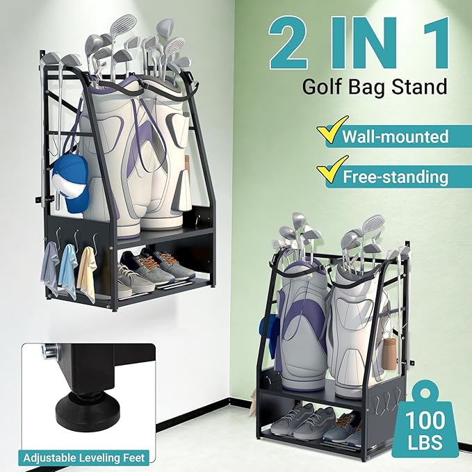 Golf Bag Organizer - Wall Mount & Freestanding - Holds 2 Golf Bags w/ 4 Club Racks, 10 Hooks & Storage Shelf - Golf Bag Stand w/Adjustable Feet for Garage, Store, Club, Shed