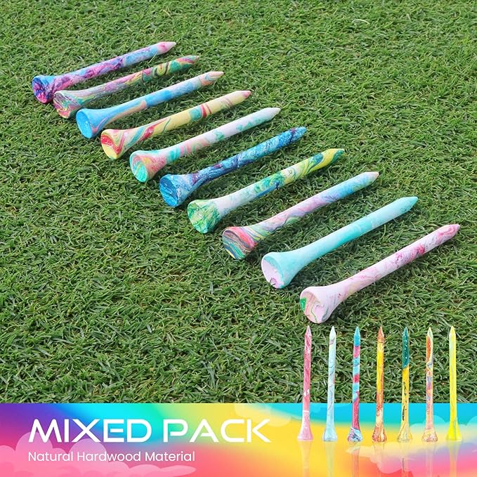 Golf Tees Multiple Colors Mixed Size Package, 100pcs Professional Bamboo/Wood Golf Tees, Size 3-1/4", 2-3/4" & 1-1/2" Reduce Friction and Resistance