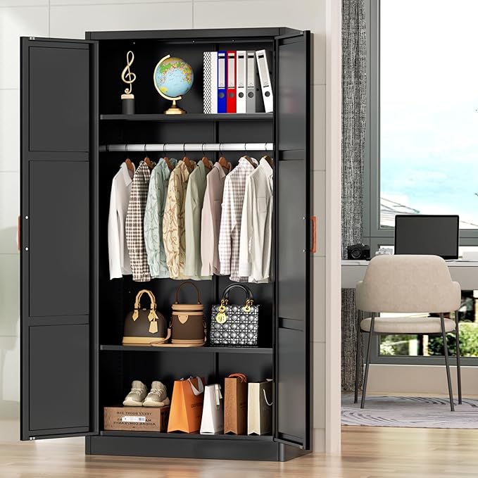 Greenvelly Metal Wardrobe Cabinet with Wooden Handle, 72" Black Metal Wardrobe Closet with Hanging Rods and Adjustable Shelves, Clothing Storage Closet Cabinet for Bedroom, Cloak Room, Laundry Room