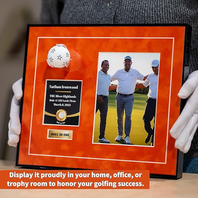 One-Shot Victory Golf Ball Display Frame – Acrylic Case with External Ball Mount, Custom Photo & Nameplate, Orange Suede Mat, Elegant Golf Keepsake Gift