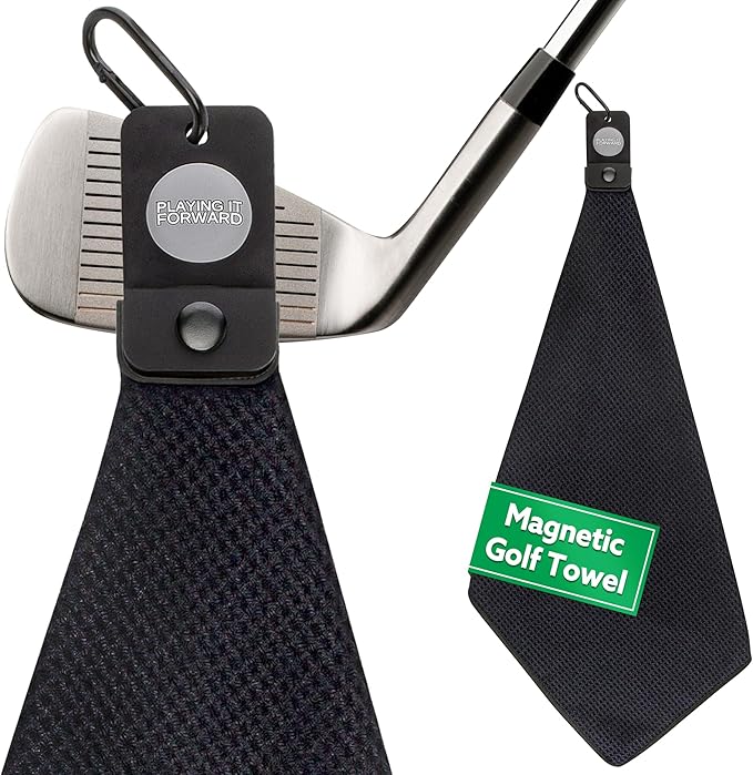 Magnetic Golf Towels for Golf Bags with Clip & Ultra Strong Magnet - Waffle Weave Microfiber Towel for Secure Hold on Bags & Carts - Ideal Club Cleaner & Accessories - Black