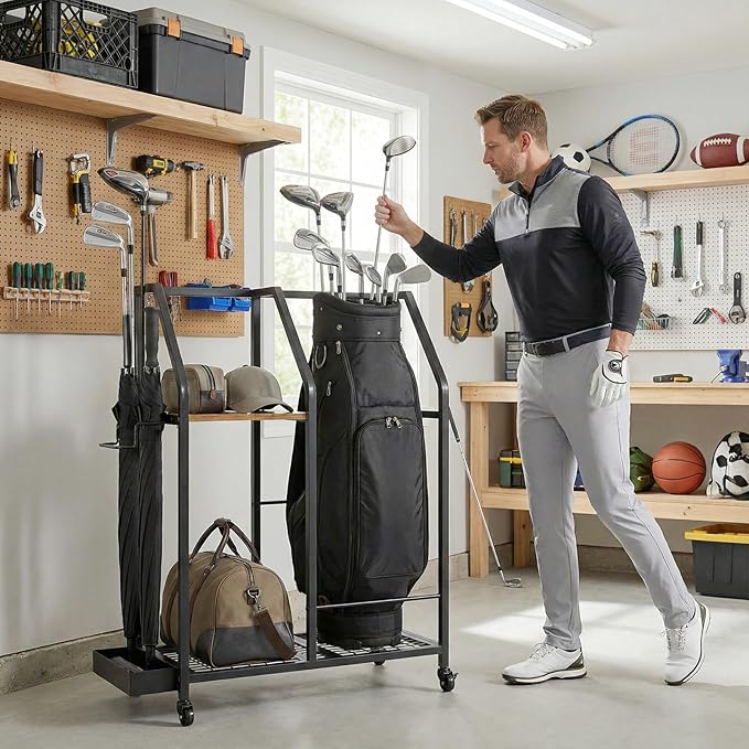 Golf Storage Organizer for Garage, Golf Bag Storage Rack with Wheels, Mobile Golf Club Rack for Garage, Heavy Duty Golf Bag Holder Stand with Rolling Wheels & Multi Storage