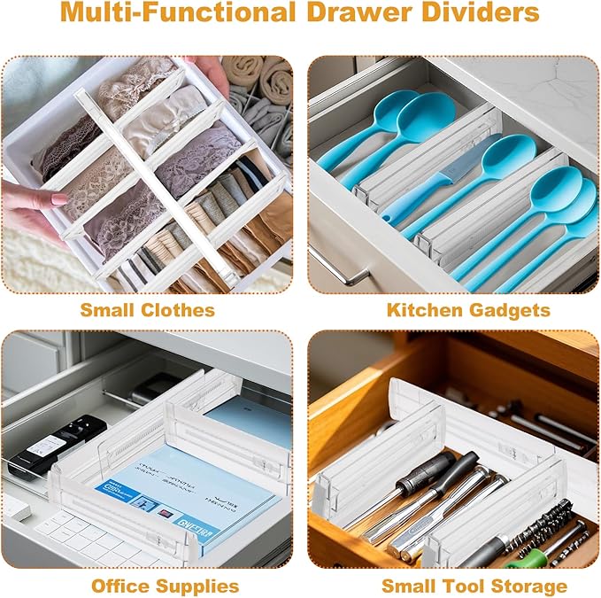 6 Pack Drawer Dividers for Clothes, 4" High 10"-17" Adjustable Drawer Dividers Expandable Dresser Drawer Organizer, Clear Drawer Separators for Clothes, Underwear, Cosmetic, Kitchen Utensils Storage