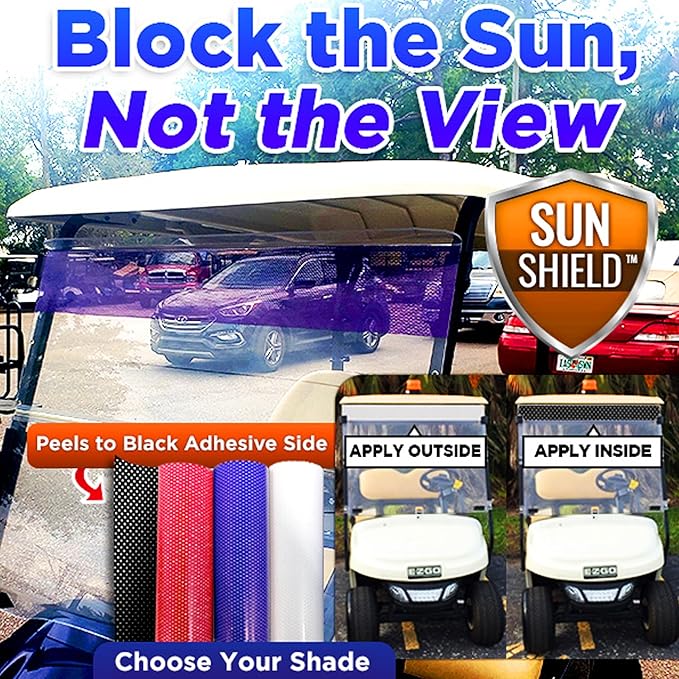 Sun Shield Golf Cart Sun Shade Cover – UV Blocker Visor for Golf Cart, ATV, UTV, Auto – Easy Peel & Stick Mesh Screen – Reversible – Trim to Fit – Blue