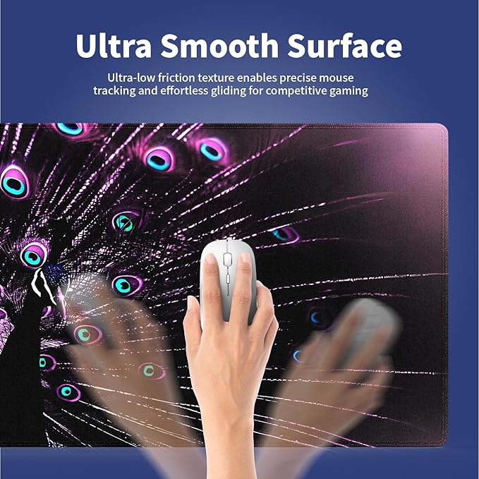 Extended XXL Gaming Mouse Pad with Stitched Edges 31.5 x 11.8 Inches - Gorgeous Purple Black Peacock, Smooth Cloth Surface Natural Anti-Slip Rubber Base Large Desk Mat for PC Office/Home