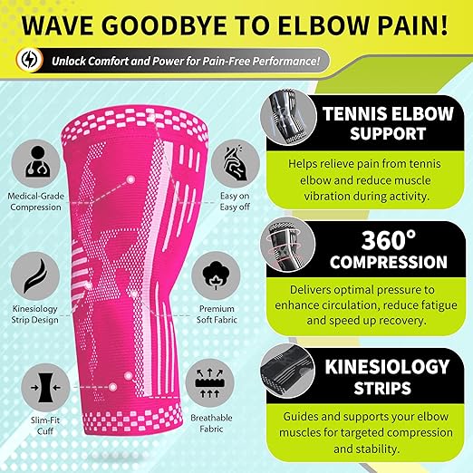 BLITZU Elbow Compression Sleeve for Tendonitis 2 Pack, Tennis Elbow Brace Support for Men and Women Golfers Elbow Pain Relief, Arthritis, Bursitis, Arm Brace for Workout, Weightlifting Pink XL