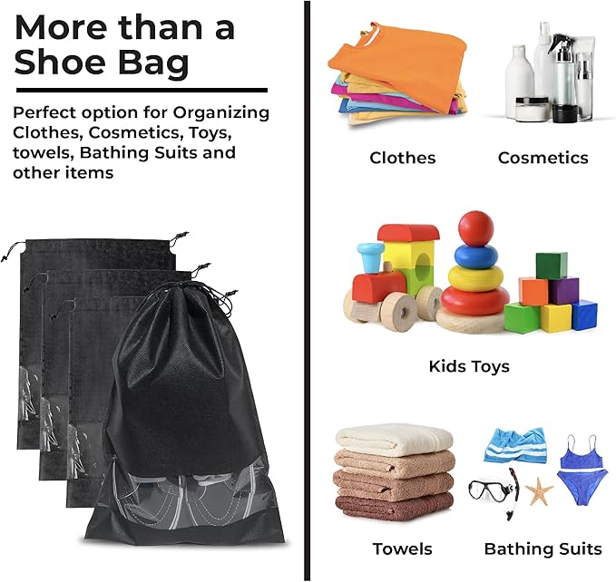12 PCs Shoe Bags for Travel, Packing, Storage, Organizing & Suitcase. Reusable Dustproof & Water Resistant Sneakers Pouch Protectors with Clear Window & Drawstring. Laundry & Toys (Red + Blue + Black)