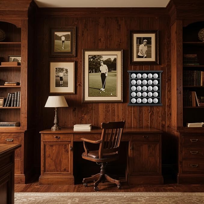25 Golf Ball Display Case Wall Mounted -Black Golf Ball Holder with Green Velvet Backing, Anti-Fall Slots, No Assembly Needed for Golf Souvenirs & Collectibles