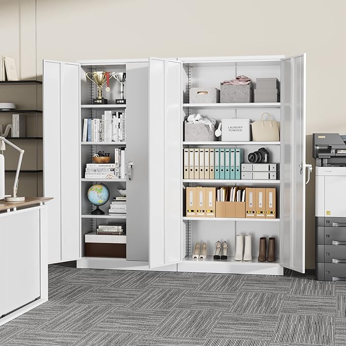Greenvelly White Metal Storage Cabinets 72” Garage Steel Storage Cabinet with Doors and Shelves, Metal File Organization for Home Office, Basement, Warehouse, Classroom（Anti Ttipping）
