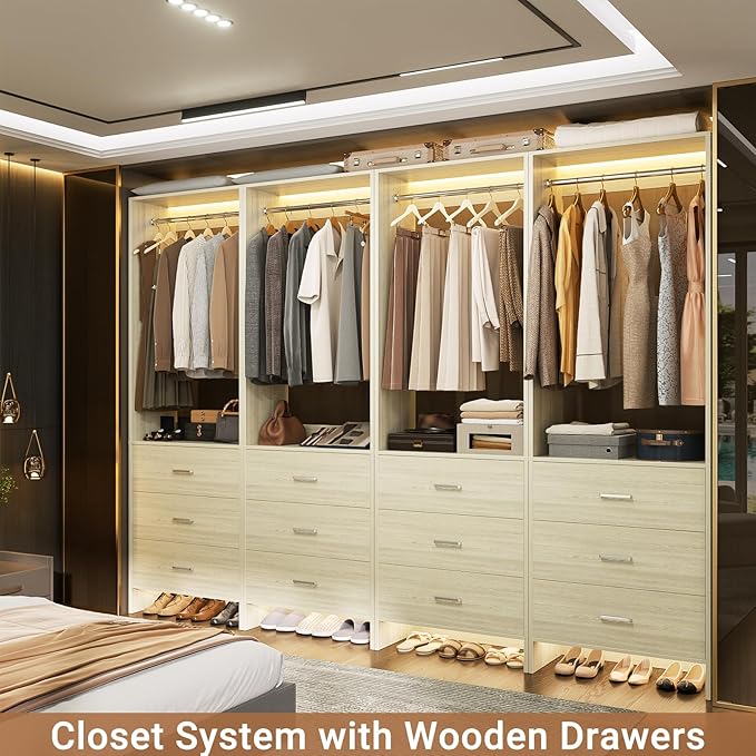 Aheaplus Closet System Closet Organizer, Wood Closet Organizer System, Walk-in Closet or Small Closets Wardrobe, Clothes Rack with Hanging Rods, 4FT Closets, Set of 2, White Oak