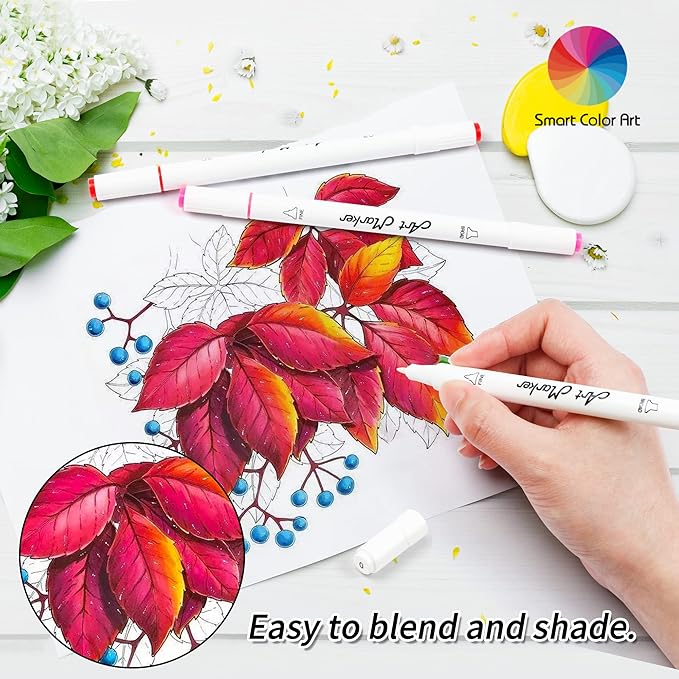 Smart Color Art 108 Pack Art Markers, 107 Alcohol Based Marker Pens and 1 Blender, Dual Tip Coloring Permanent Markers Highlighters with Case, Excellent for Adults Kids Marking Drawing Sketching