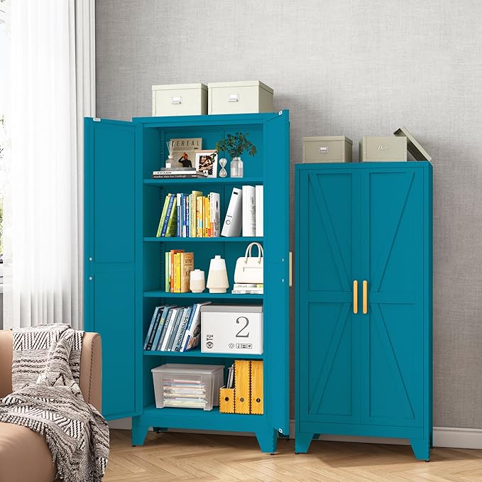 61H Metal Storage Cabinet with 2 Doors and Adjustable Shelves,Farmhouse Storage Cabinet with Barn Doors,Pantry Storage for Home,Office,Bathroom,Dining Room,Kitchen(Blue)