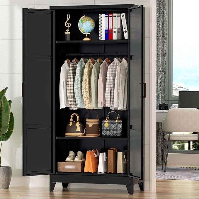 Greenvelly Metal Wardrobe Cabinet, 19" D x 36" W x 72" H Metal Wardrobe Closet with Hanging Rods and Adjustable Shelves,Clothing Storage Closet Cabinet for Bedroom, Cloak Room, Laundry Room (Black)