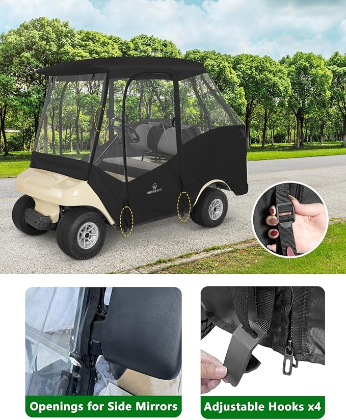 Golf Cart Enclosures 4 Passenger Short Roof 58 inch for Club Car DS 2+2 Seater,600D Clear Rain Cover Driving Enclosure,Roll Up 4 Sided Transparent Windows&Door Heavy Duty Zipper,Side Mirrors Openings