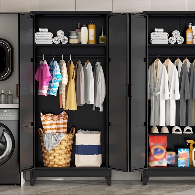 Greenvelly Metal Wardrobe Cabinet, 19" D x 36" W x 72" H Metal Wardrobe Closet with Hanging Rods and Adjustable Shelves,Clothing Storage Closet Cabinet for Bedroom, Cloak Room, Laundry Room (Black)