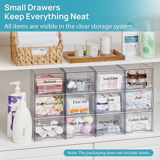 Vtopmart 2 Pack Small Clear Stackable Storage Drawers,Acrylic Bathroom Makeup Organizer,Plastic Storage Bins For Vanity, Undersink, Kitchen Cabinets, Pantry, Home Organization