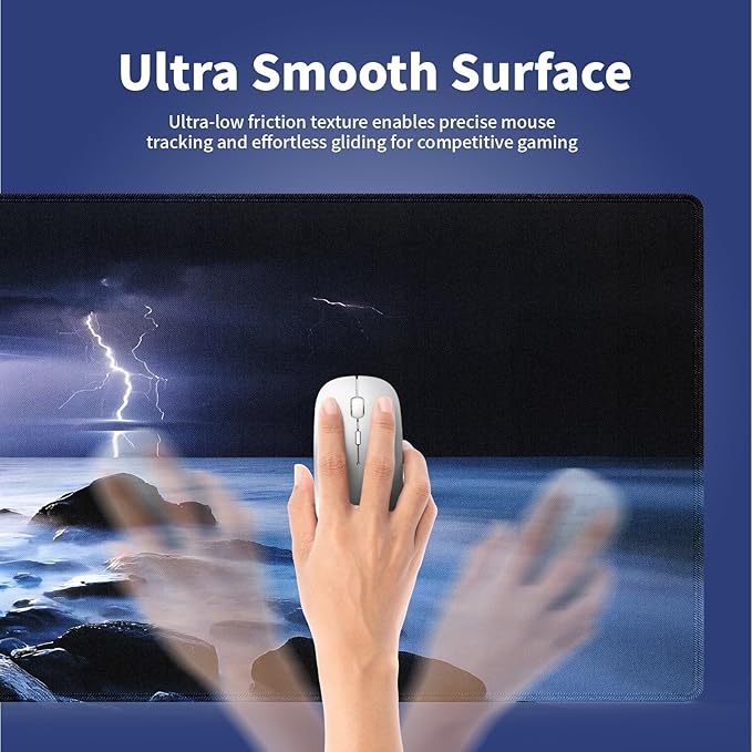 Wknoon. Extra Large Gaming & Office Mouse Pad (31.5" x 11.8") – Nature Lightning Summer Storm Bolts Over Rocks in Ocean Nightmare Theme Weather, Anti-Slip XXL Desk Mat with Durable Stitched Edges