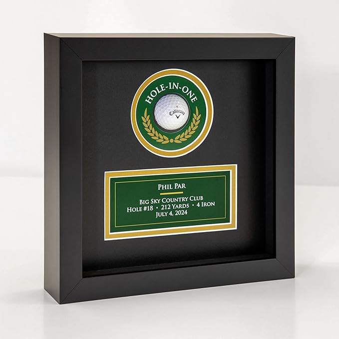 MASTERPIECE FRAMING + IMAGING Hole-in-One Golf Display Case Frame for Ball & Printed Graphic Info Insert (Sport, Black)