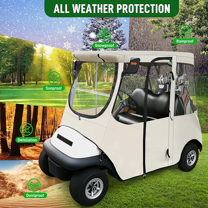 Golf Cart Deluxe Driving Enclosure 2 Passenger Fits Club Car Precedent 2004-Up, Tempo & Onward 2017-Up, Fits Short Roof 42.6" W and 59.9" L, Clear Window with Door Zippers 600D Rain Cover