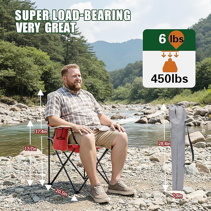 Portable Outdoor Folding Chair with Cup Holder & Cooler Bag - Breathable Mesh, Wide Armrests, Ergonomic Design for Camping, Beach, Backyard - Includes Storage Bag & Bottle Opener (Black/Green/Red)