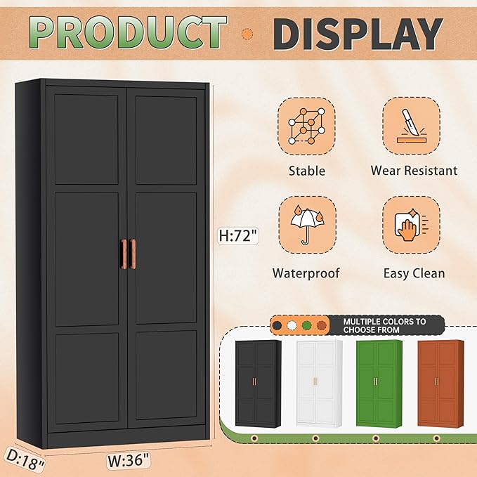 Greenvelly Metal Wardrobe Cabinet with Wooden Handle, 72" Black Metal Wardrobe Closet with Hanging Rods and Adjustable Shelves, Clothing Storage Closet Cabinet for Bedroom, Cloak Room, Laundry Room