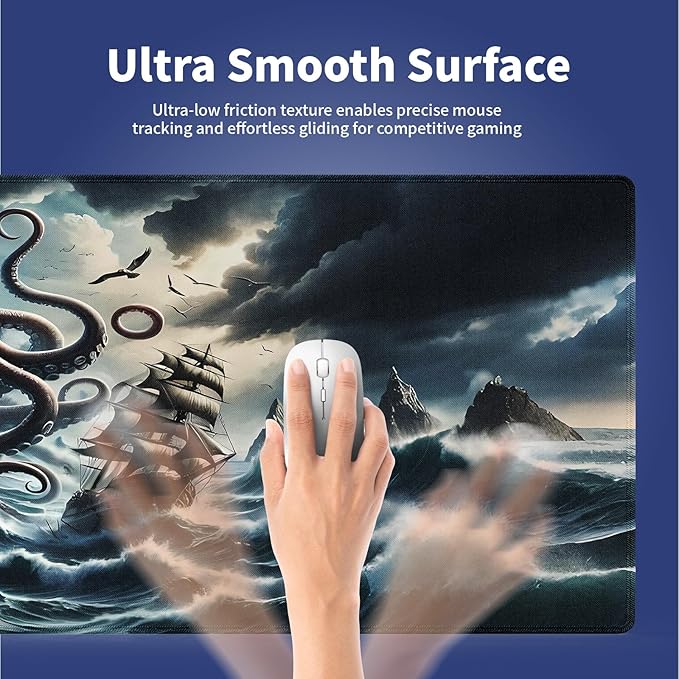 Wknoon. Extra Large Gaming Mouse Pad (31.5" x 11.8") with Durable Stitched Edges – Giant Kraken Octopus Monster Huge Ocean Waves & Sail Boat, Fantasy Sea World At Storm Nautical Adventure XXL Desk Mat