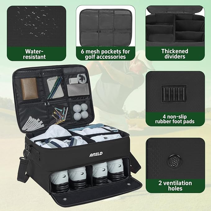 ANILD Golf Trunk Organizer, 2 Layer Golf Storage Case with Separate Ventilated Compartment for 2 Pair Shoes, for Balls, Tees, Clothes, Gloves, Accessories, Golfer Gifts