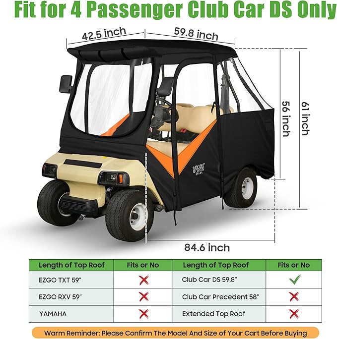 10L0L Golf Cart Driving Enclosure for Club Car DS, 2/4 Passenger Short Roof Waterproof Windproof Heavy Duty 600D Rain Cover with 4-Sided Clear Windows & Durable Door Zipper All-Weather Protection