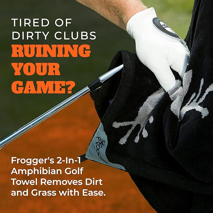 Frogger Amphibian 2-in-1 Golf Towel with Wet and Dry Technology, Black/Grey, Premium Golf Bag Accessory with Carabiner Clip, Ultra Absorbent, for Golf Dads
