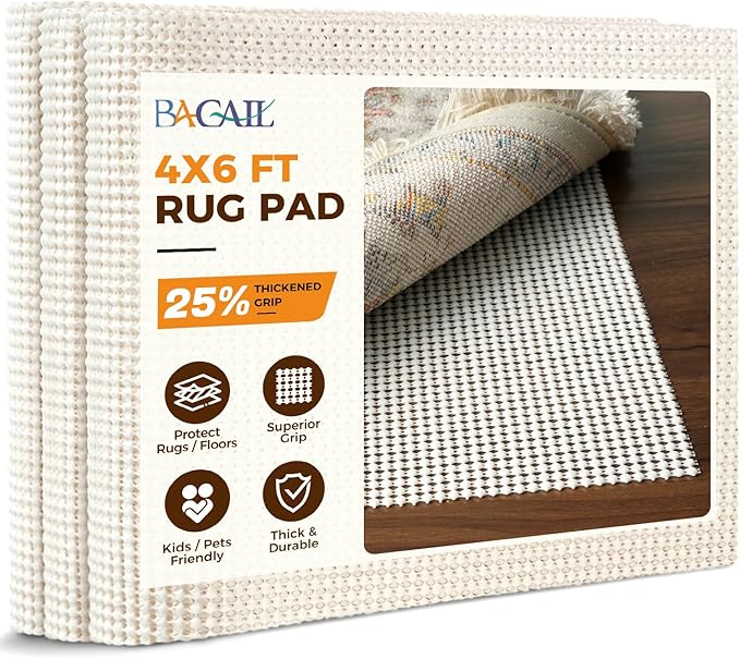 BAGAIL BASICS 4 x 6 FT Rug Pad Gripper for Hardwood Floors, Non Slip Rug Pads for Area Rugs, Extra Thick Under Rug Padding, Protect Your Rugs & Floors