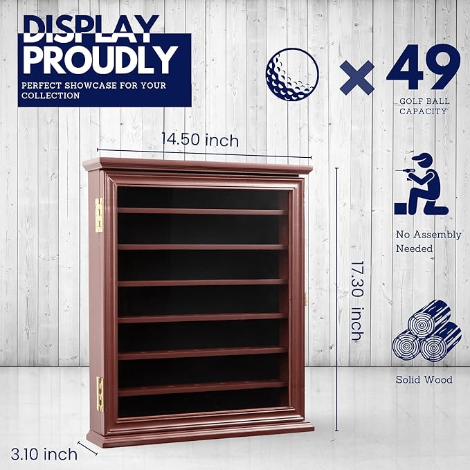 DECOMIL - Solid Wood Golf Ball Display Case Cabinet Wall Rack Holder UV Protection Lockable (Cherry, 49 Golf Ball)