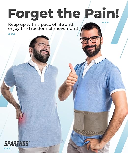 Sparthos Back Brace for Lower Back Pain - Immediate Relief from Sciatica, Herniated Disc - Lumbar Support Pad - For Home & Lifting At Work - For Men & Women - Fits 44–52″ Waist (Beige-L, Check Sizing)