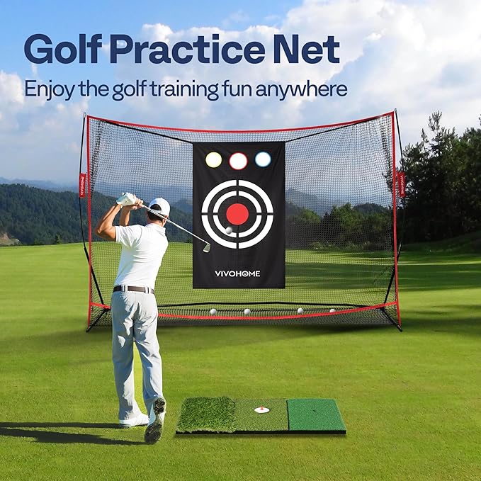 VIVOHOME 10 x 7ft Golf Net for Hitting, Chipping, Driving Training, Heavy Duty Golf Practice Net for Indoor, Backyard, Garage, with Mat, Target Cloth, 8 Tees, 6 Balls, Carry Bag