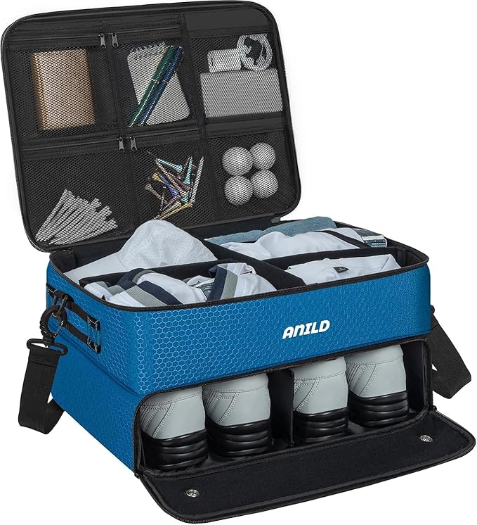 ANILD Golf Trunk Organizer, 2 Layer Golf Storage Case with Separate Ventilated Compartment for 2 Pair Shoes, for Balls, Tees, Clothes, Gloves, Accessories, Golfer Gifts